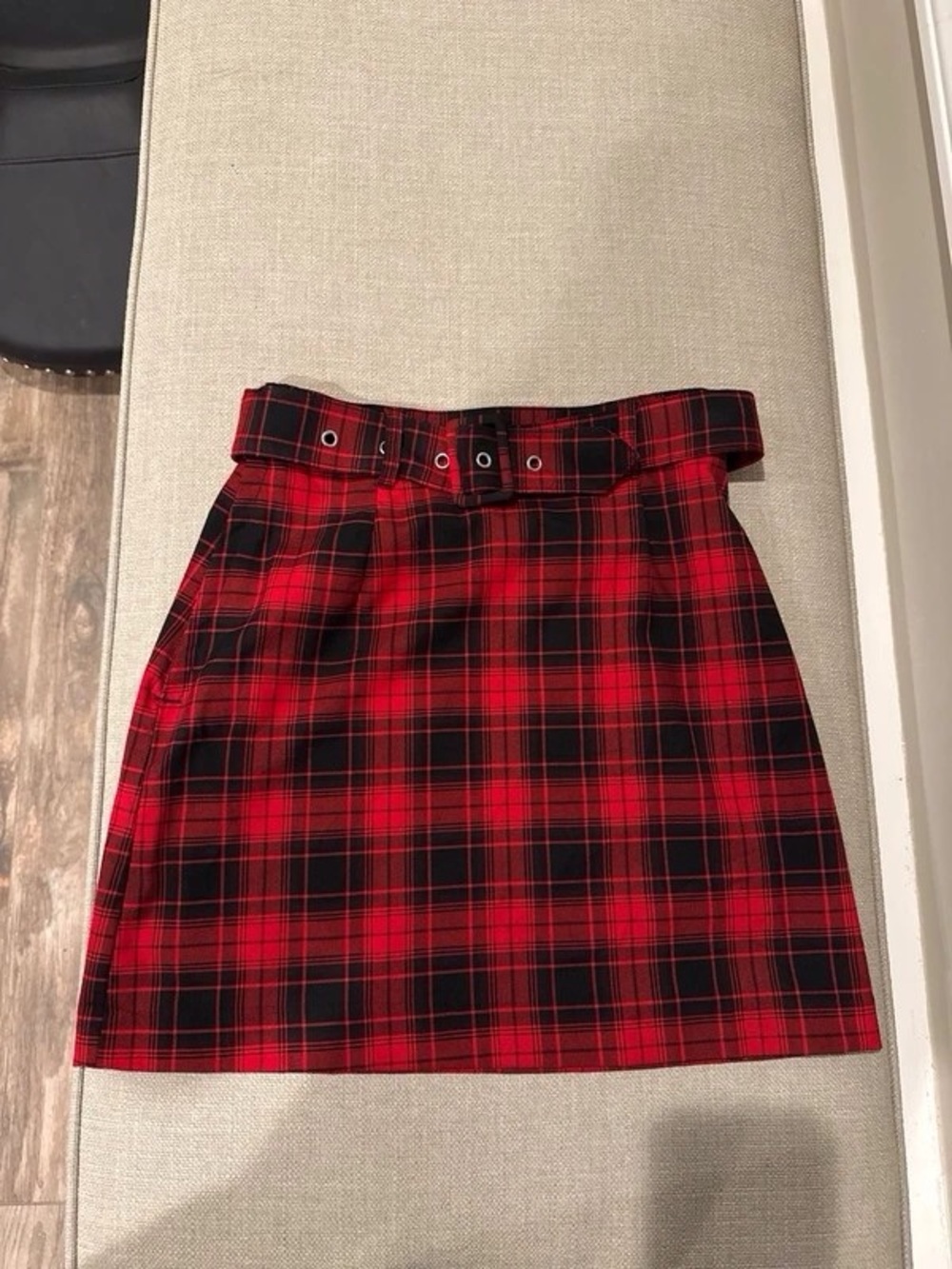 Red Plaid Belted Mini Skirt - Women's Skirt